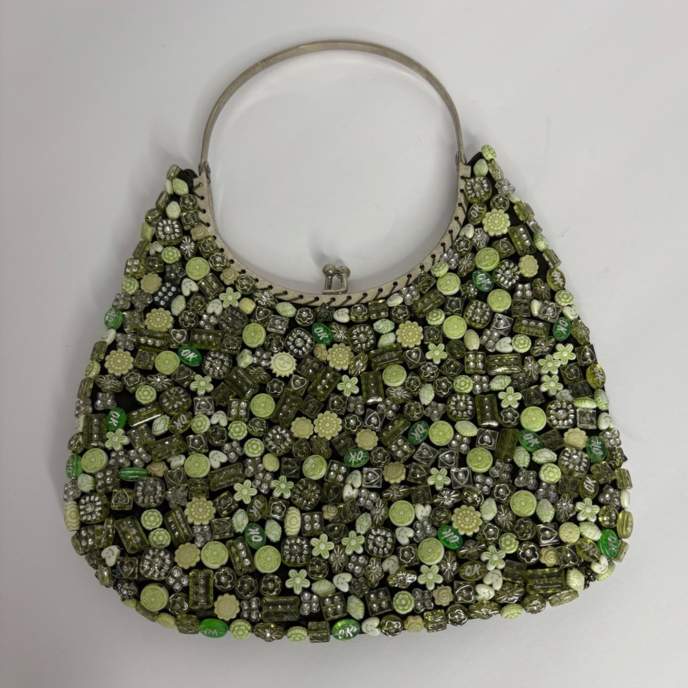 Vintage Green Beaded Women's Bag Kisslock Closure